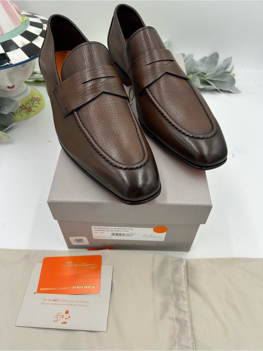 Men's Santoni Gannon, dark brown text Jared Leather, penny loafers size 12 US
